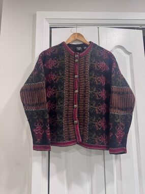 Vintage-Inspired Women's Button Cardigan Sweater - Pink & Brown - 100% Wool